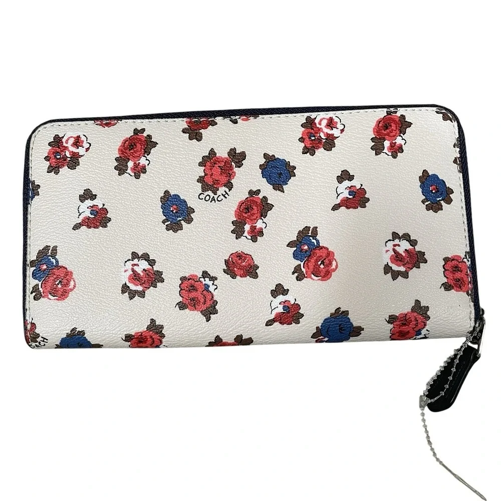 Coach Tea Rose Floral Accordion Wallet White Pebbled Leather Zip Around NEW